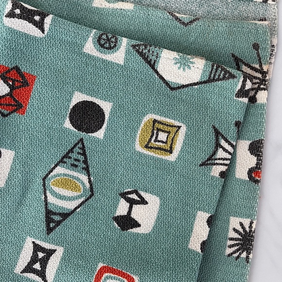 Vintage 50s Barkcloth Atomic Aqua Teal Fifties Space Age Fabric Yardage Panel - Picture 4 of 10